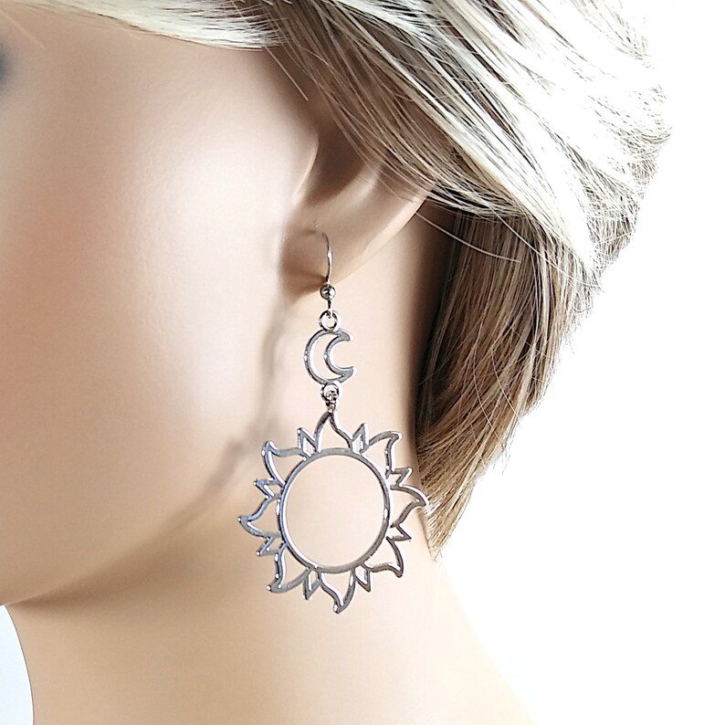 Silver Sun Earrings Dangle Large Sun Earrings Crescent Moon Etsy