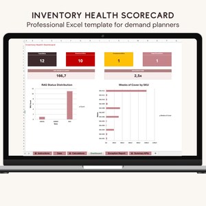 Può includere: Uno schermo di un laptop che mostra un "Inventory Health Scorecard" in un modello Excel professionale. La dashboard mostra visualizzazioni di dati, inclusi grafici a barre e dati numerici, con il testo "Professional Excel template for demand planners".