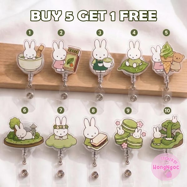 Cute Matcha Bunny Badge Reel, Retractable Acrylic Badge Clip for Nurses, Aesthetic Green Rabbit ID Holder, Kawaii Teacher Gift, Work Lanyard