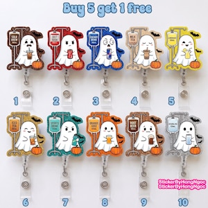 May include: Ten glittery badge reels featuring white ghosts holding various beverages like cold brew, soda, and tea, each attached to an IV stand with a pumpkin and bats. The text reads Buy 5 get 1 free and StickerByHongNgoc with numbered labels 1 through 10.
