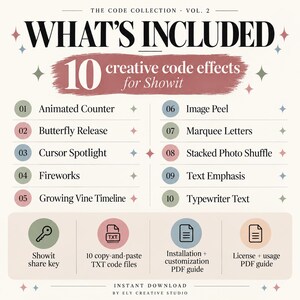 May include: A digital information graphic titled The Code Collection Vol. 2 What's Included, listing 10 creative code effects for Showit: Animated Counter, Butterfly Release, Cursor Spotlight, Fireworks, Growing Vine Timeline, Image Peel, Marquee Letters, Stacked Photo Shuffle, Text Emphasis, and Typewriter Text, with icons for a share key, TXT files, and PDF guides.