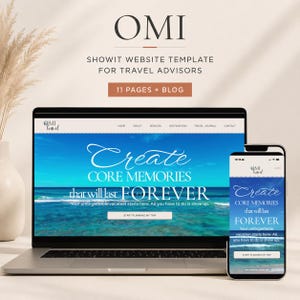 May include: A Showit website template for travel advisors titled OMI, featuring 11 pages and a blog. The design displays a laptop and smartphone screen showing a beach scene with the text Create CORE MEMORIES that will last FOREVER.
