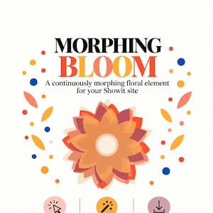 Può includere: Un grafico digitale con il testo MORPHING BLOOM e A continuously morphing floral element for your Showit site. Un fiore centrale arancione e rosso è circondato da punti e foglie colorati. Icone per easy to add, original plus beta e instant download sono in basso con il testo BY ELY CREATIVE STUDIO.