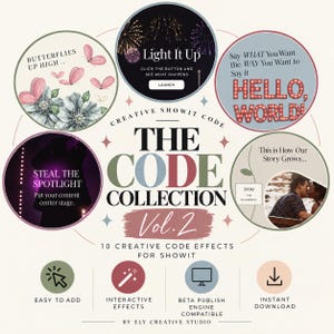 Peut inclure: Un graphique numérique intitulé THE CODE COLLECTION Vol. 2 par ELY CREATIVE STUDIO. Il présente cinq images circulaires illustrant des effets de code créatifs, incluant des papillons, des feux d'artifice, du texte et un couple. Des icônes indiquent les fonctionnalités.