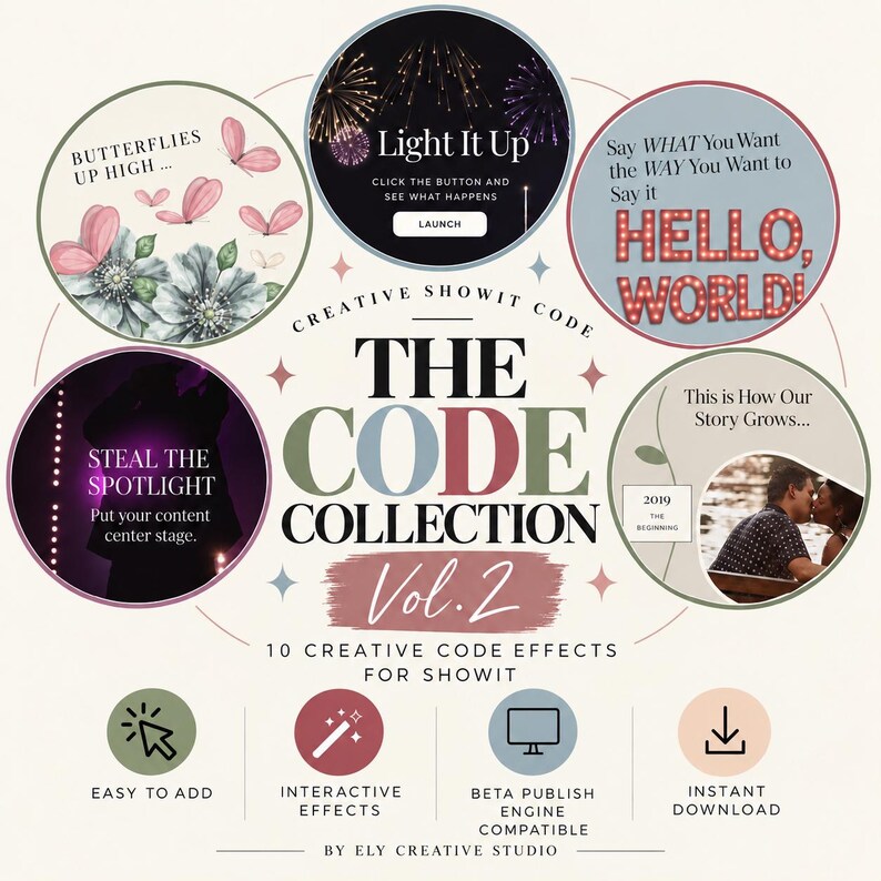 May include: A digital graphic titled THE CODE COLLECTION Vol. 2 by ELY CREATIVE STUDIO. It features five circular images showcasing creative code effects, including butterflies, fireworks, text, and a couple. Icons represent features like easy to add.