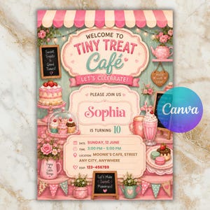 10th Birthday Cafe Invitation, Tiny Treat Cafe Party Invite, Editable Canva Template, Pink Bakery Birthday Digital Download