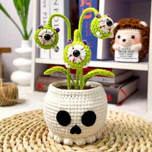 Halloween Crochet Skull Planter, Eyeball Flower Pot, Spider Plant Decor, Handmade Gothic Home Decor, Spooky Desk Gift, Fall Decor
