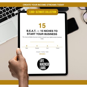 May include: A digital tablet displaying the text 15 B.E.A.T. — 15 NICHES TO START YOUR BUSINESS, with the subtext Best, Easiest, And, Tested, and the Life Hacker Labs logo. The screen also features the text 1,000+ ULTIMATE COLLECTION and 2026 Edition.