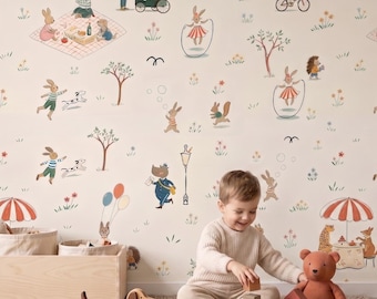 Peel and Stick Neutral Wallpaper, Vintage Nursery Wall Mural,Removable Storybook Wallpaper,Madeline Inspired Kids Room Decor,Animal Park Art