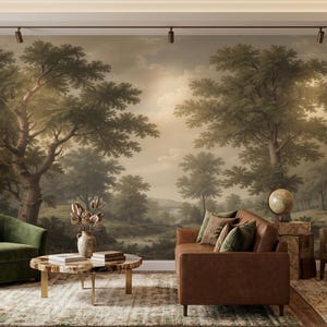 May include: A living room scene featuring a large landscape mural with trees and a pathway. The room includes a green velvet armchair, a brown leather sofa, and two beige armchairs. A wooden coffee table and side tables complete the decor.
