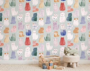 Cute Cat Wallpaper, Peel and Stick Removable Wallpaper, Watercolor Cats Wall Mural for Nursery, Playroom Accent Wall Covering,Kids Room Boho