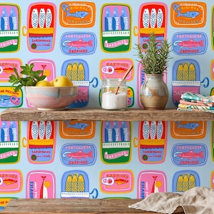 Portuguese Sardine Kitchen Wallpaper, Colorful Fish Wall Mural, Retro Mediterranean Wall Decor, Maximalist Peel and Stick Wallpaper