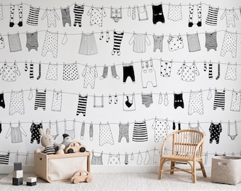 Clothesline Nursery Wallpaper Peel and Stick, Black White Kids Room Scandinavian Wall Mural, Removable Wallpaper for Laundry Room Bathroom