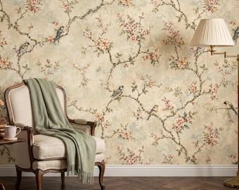 Seamless Chinoiserie Tree Branch Wallpaper, Bird Floral Peel and Stick Wallpaper, Cream Sage Botanical Art, Cherry Blossom Fabric Wallpaper