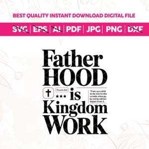 Op de afbeelding: Een digitaal grafisch ontwerp met de zwarte tekst Fatherhood is Kingdom Work. Het bevat een klein kruisicoon, drie sterren, de vermelding Spreuken 22:6 en de volledige tekst van het vers. Het ontwerp staat op een witte achtergrond.
