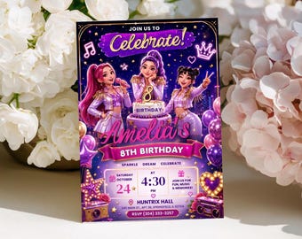 May include: A rectangular birthday invitation card featuring three illustrated characters in purple outfits, a birthday cake with the number 8, purple balloons, and stars. Text includes "JOIN US TO Celebrate!", "Amelia's 8TH BIRTHDAY", and event details.