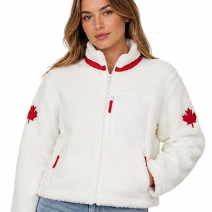 Canada Maple Leaf Sherpa Fleecejacka för Damer | Mysig Vit Teddyjacka med Dragkedja