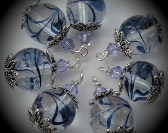 Hand Wire Wrapped Swarovski Crystals Dangle Charms on Silver Plated Headpin Glass Swirls