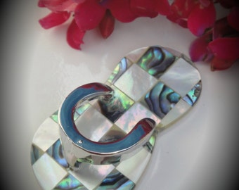 Genuine Silver Plated checkerboard Flip Flop Abalone With Mother Of Pearl Pendant