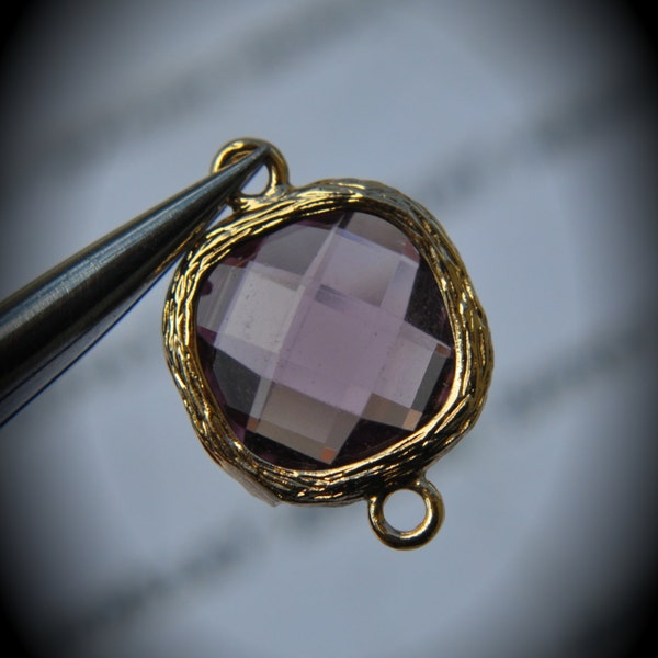 2 Pcs 14k Gold Plated Bezel Brass Faceted Glass Cushion Square 12mm Connector - Amethyst