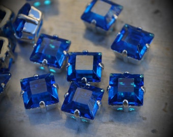 4400/2 8mm Genuine Swarovski Crystals Capri Blue Square Sew On Rhinestones Silver Plated Beads