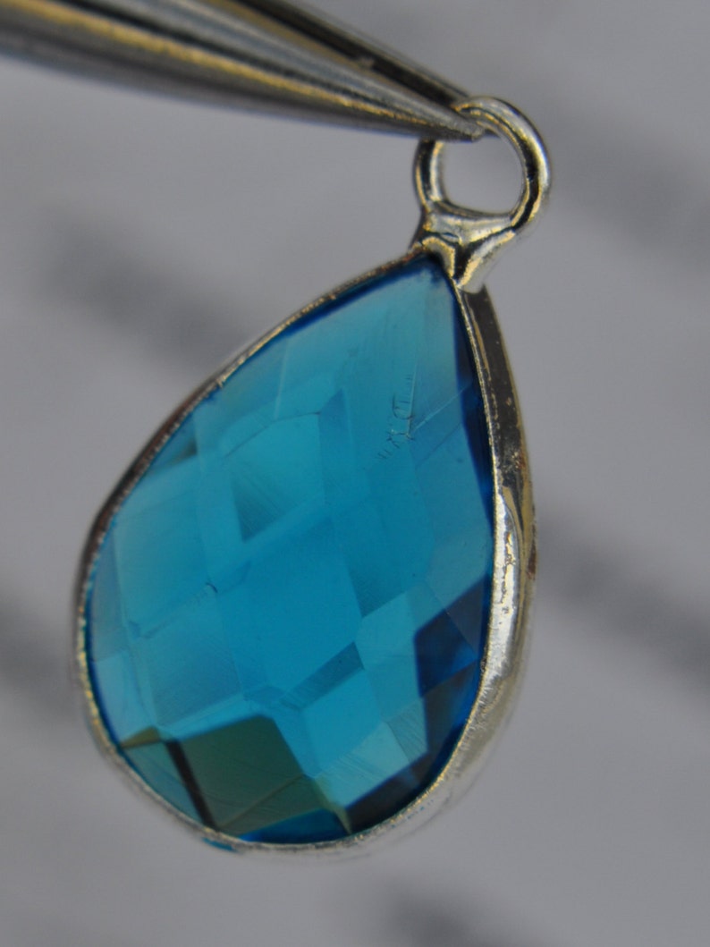Silver Plated Bezel Brass Faceted Glass Tear Drop Pendant Capri Blue image 3
