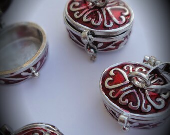 Red Oval Chest Design Prayer Box Locket in Silver Plated Three Dimensional Pendant Charm