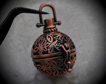 Round Butterfly Filigree Design Prayer Box Locket in Copper Three Dimensional Pendant Charm