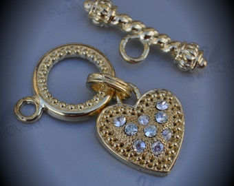 Genuine Large Gold Plated Swarovski Crystal Heart Toggle Clasp - Moonlight