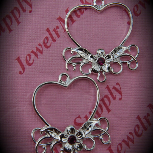 Genuine Silver Plated Swarovski Crystal Heart Chandelier Earrings In Fuchsia