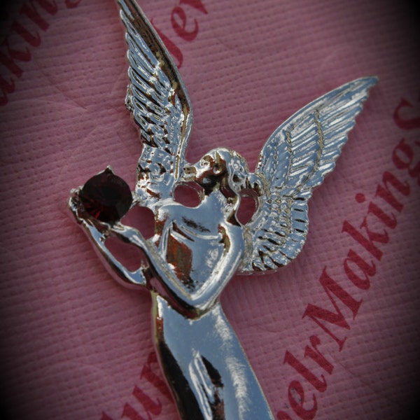 Huge Genuine Silver Plated Swarovski Crystal Angel Pendant In Ruby