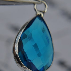 Silver Plated Bezel Brass Faceted Glass Tear Drop Pendant Capri Blue image 2