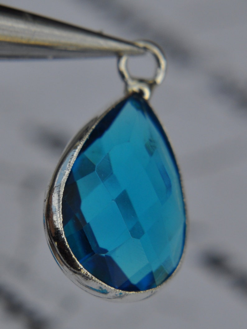 Silver Plated Bezel Brass Faceted Glass Tear Drop Pendant Capri Blue image 2