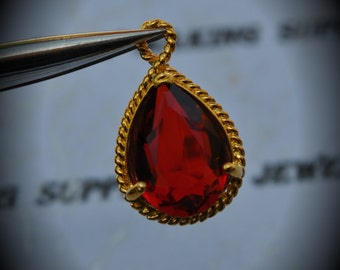 Gold Plated Rope Rim Bezel Brass Faceted Glass Tear Drop Pendant - Bright Red