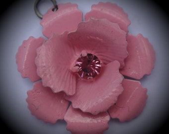 Pink 3D Silver Flower Pendant With Crystal