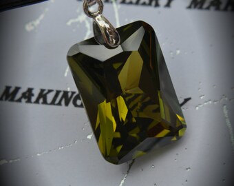 AAA Silver Plated Rectangle Pendant With Olive Green Cubic Zirconia