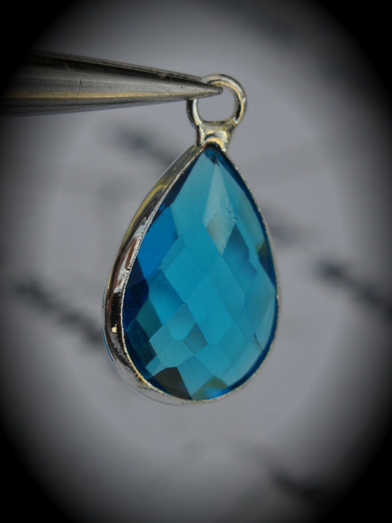 Silver Plated Bezel Brass Faceted Glass Tear Drop Pendant Capri Blue image 1