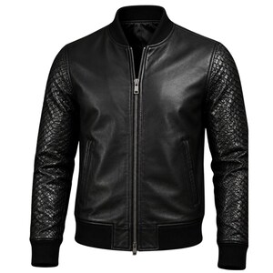 May include: A black bomber jacket featuring a smooth leather front and back panel with textured, snakeskin-patterned leather sleeves. The jacket includes a ribbed collar, cuffs, and hem, along with a central silver-toned metal zipper closure.