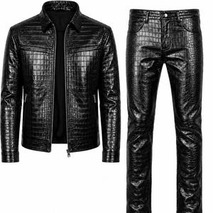 May include: A black jacket and matching trousers set featuring a glossy crocodile skin texture. The jacket has a front zipper closure, a pointed collar, and two chest pockets. The trousers feature a standard button and zipper fly closure.