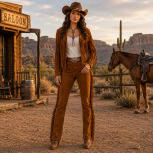 May include: A brown suede jacket with long fringe detailing on the sleeves and front, paired with matching brown suede pants featuring side fringe, a white tank top, a brown cowboy hat, and a bolo tie with a turquoise-colored stone accent.