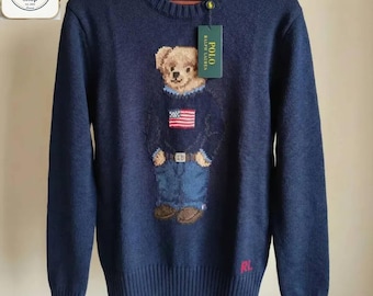 Autentico maglione Ralph Lauren Polo Bear blu navy // Maglione in maglia alla moda in stile preppy