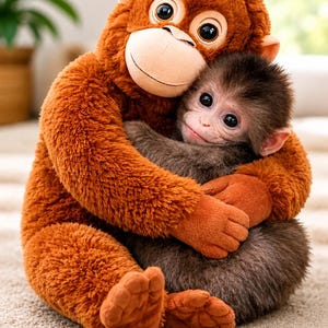 Op de afbeelding: Een pluche oranje aap die een baby aap omhelst. Het pluche speelgoed heeft grote, ronde ogen en een beige gezicht. De baby aap is grijs en bruin met een lieve uitdrukking. Ze zitten op een beige tapijt.