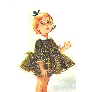 May include: A young girl wearing a green and white patterned dress with a white collar and a blue bow in her hair. The dress has a bow at the waist and the girl is wearing white shoes. The text "DESIGNED BY HELEN LEE" is at the bottom of the image.