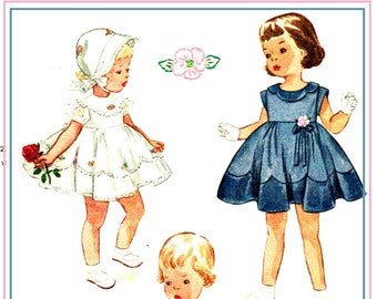 Simplicity 3471 Photocopy of  Vintage 50s Super Cute Baby Girls Dress and Bonnet and Panties - Scalloped Hem Sewing Pattern Size 1/2 6 mos