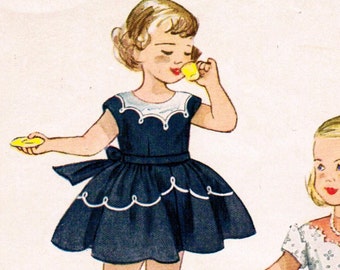 Simplicity 3179 Photocopy of Vintage 50s Toddler Girls One Piece Dress with Scalloped Neckline and Cuffs Sewing Pattern Size 2