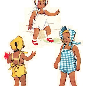 May include: Three baby girls wearing different colored and patterned rompers. The girl on the left is wearing a yellow romper with a bow and a yellow hat. The girl in the middle is wearing a white romper with a white hat. The girl on the right is wearing a blue and white gingham romper with a blue and white hat.