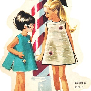 May include: Two girls wearing dresses stand next to a red and white striped barber pole. The girl on the left is wearing a turquoise dress with white flowers. The girl on the right is wearing a white dress with red flowers. The text "DESIGNED BY HELEN LEE" is at the bottom of the image.