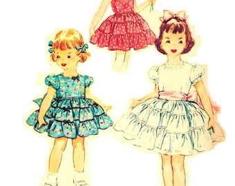 Simplicity 4585 Photocopy of Adorable Vintage 50s Toddler Girl's Three Tiered Ruffled Skirt Dress for Play or Party Sewing Pattern Size 1