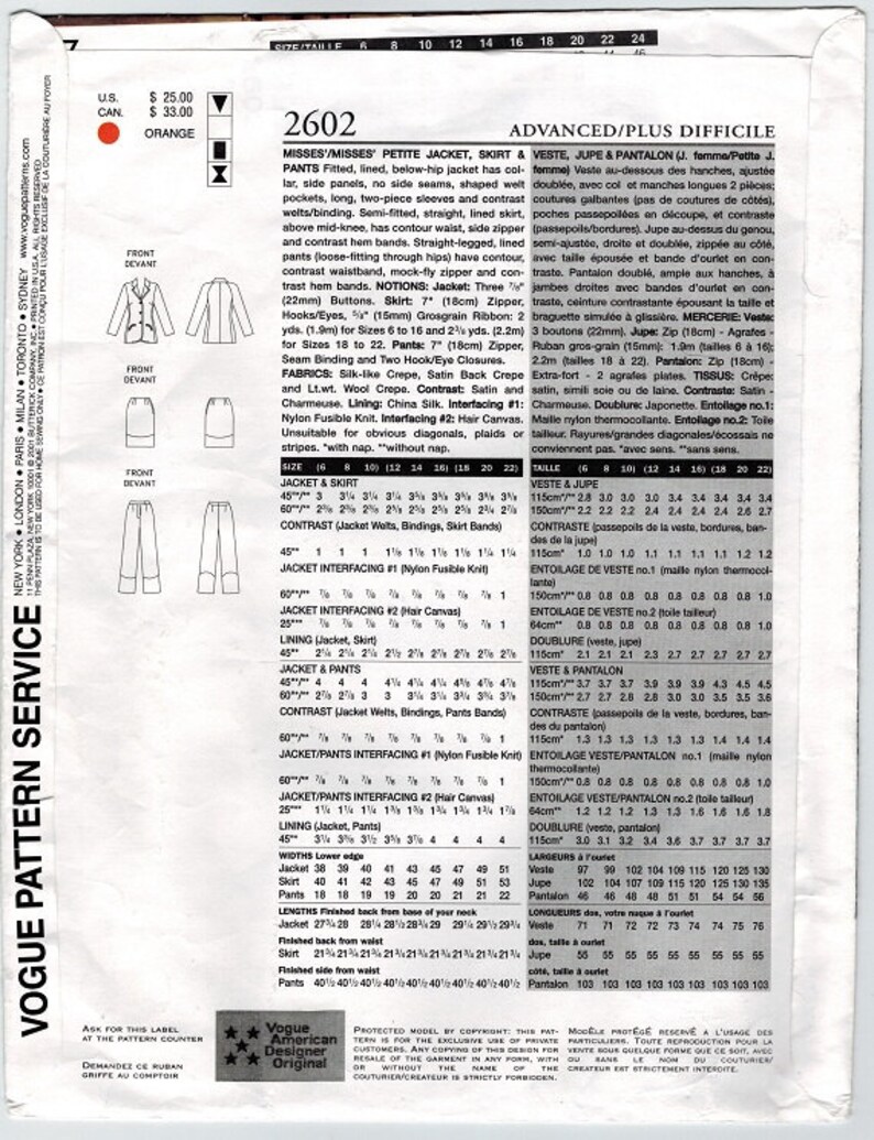 Vogue 2602 UNCUT Vogue American Designer Bill Blass Petite Misses' Suit Jacket, Skirt and Pants Sewing Pattern Size 6-8-10 Bust 32 image 4