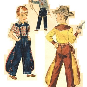 May include: Three boys dressed in cowboy attire. One boy is wearing a blue plaid shirt, blue denim trousers with red stitching, and brown shoes. Another boy is wearing a blue shirt, blue denim trousers, and brown shoes. The third boy is wearing a yellow shirt, brown trousers with yellow stitching, a brown cowboy hat, and brown shoes.